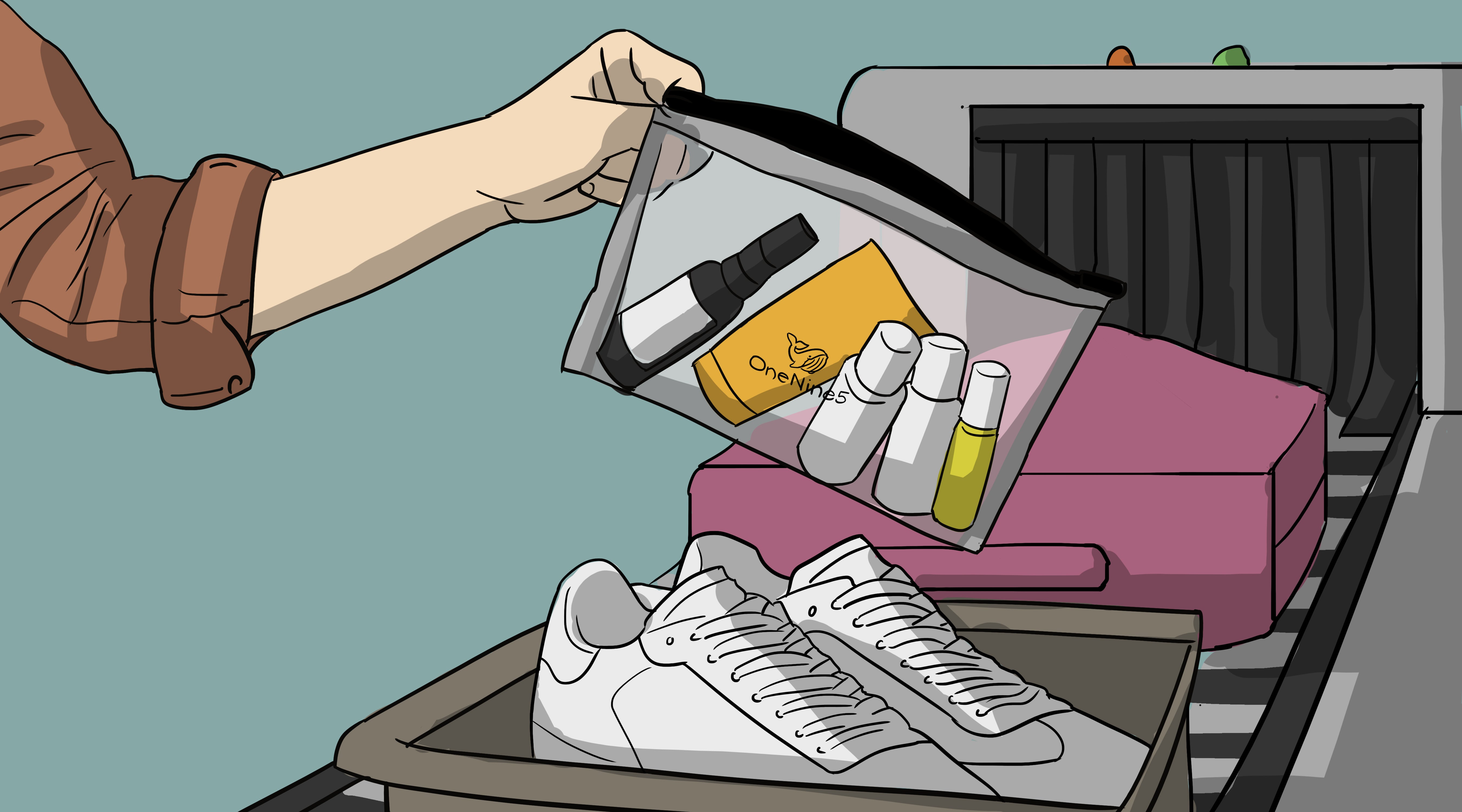 Person putting OneNine5 clear reusable pouch in suitcase at airport for holiday.