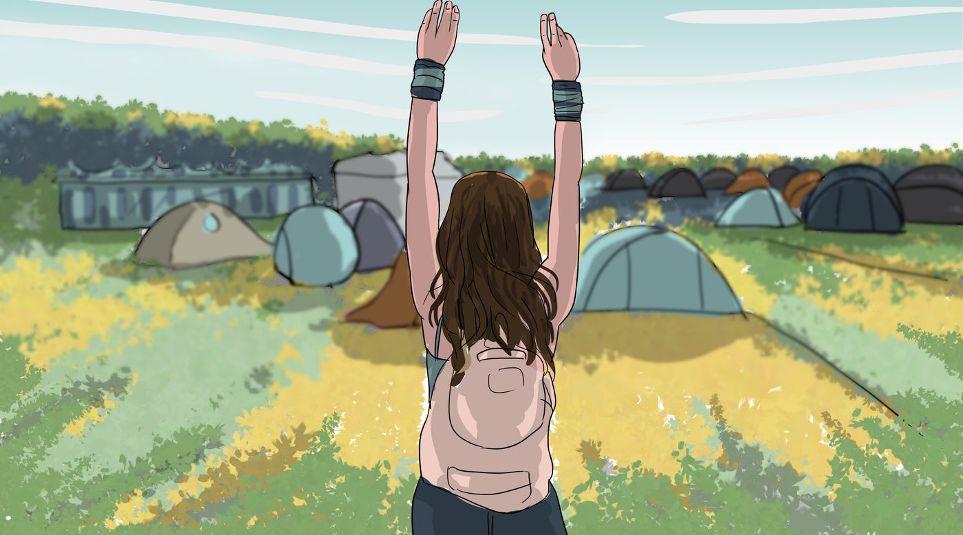 Illustration of a girl facing away, wearing a pink back back in a field with tents