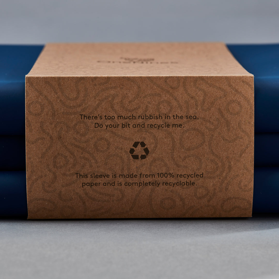 A close-up view of the Eco-Conscious Wash Bag, kraft paper packaging and the recycling message