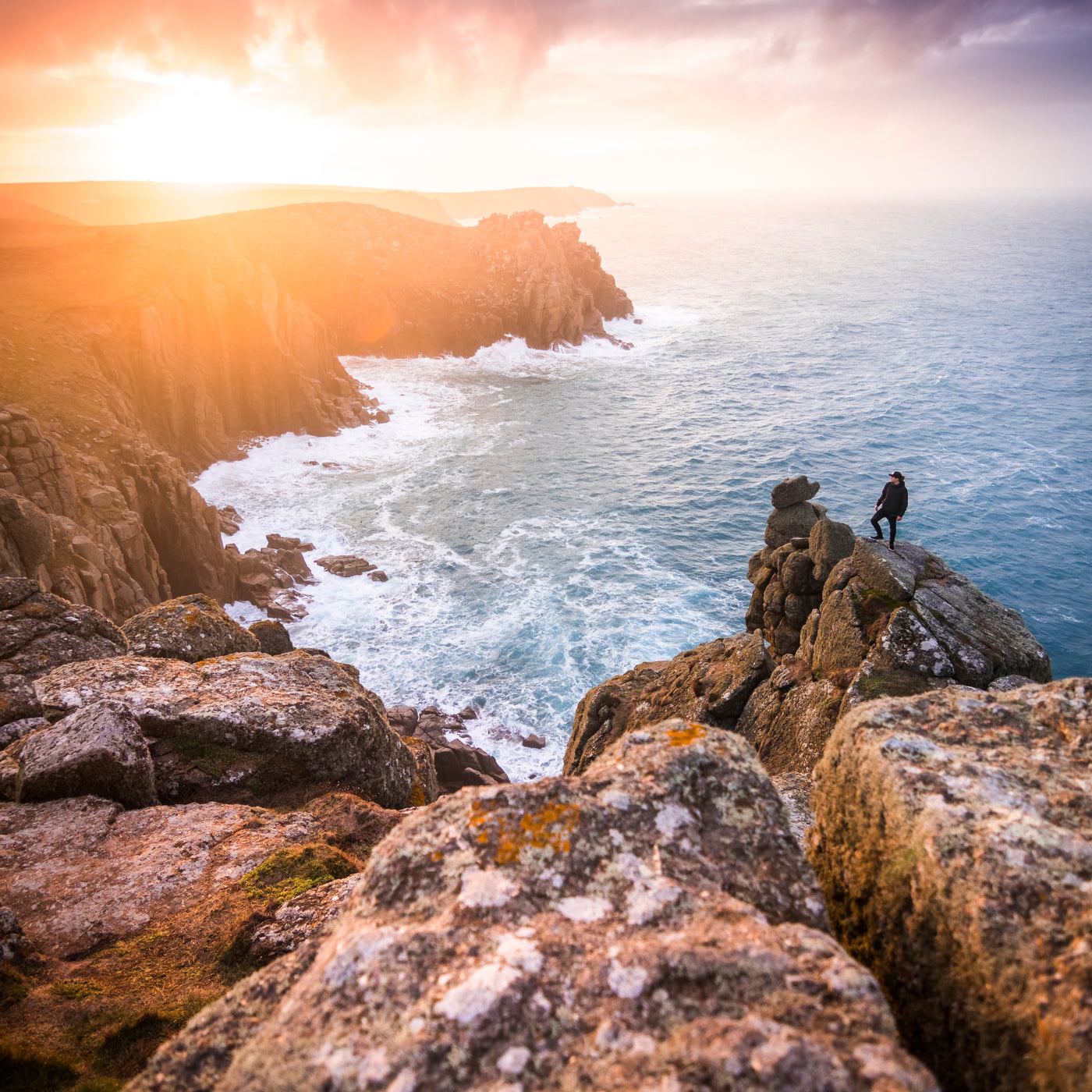 Sunset over the cliffs and coastline of Cornwall in the South-West of England