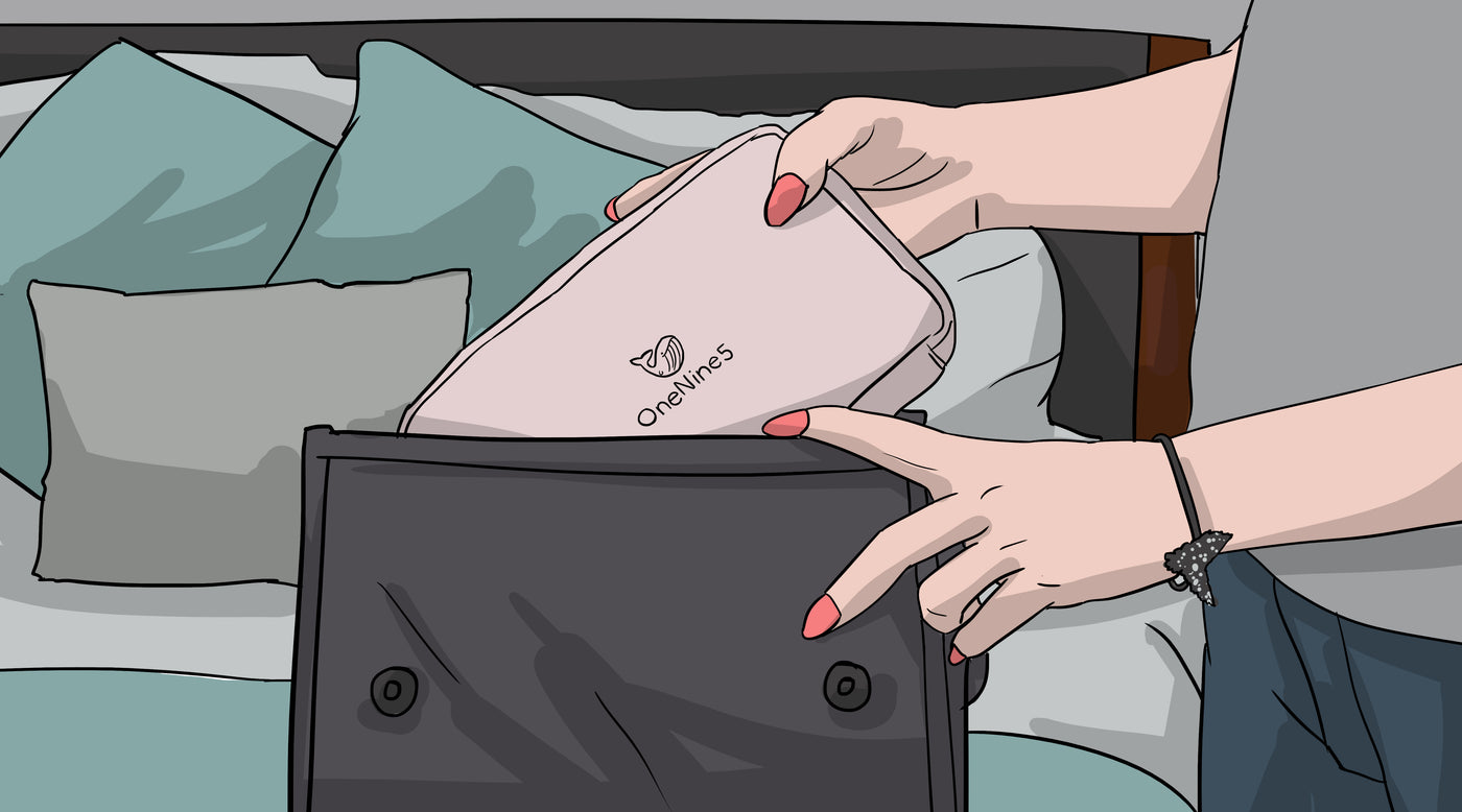 Illustration of a female at home, packing the Komodo Pink Eco Essentials Pouch into a black backpack.