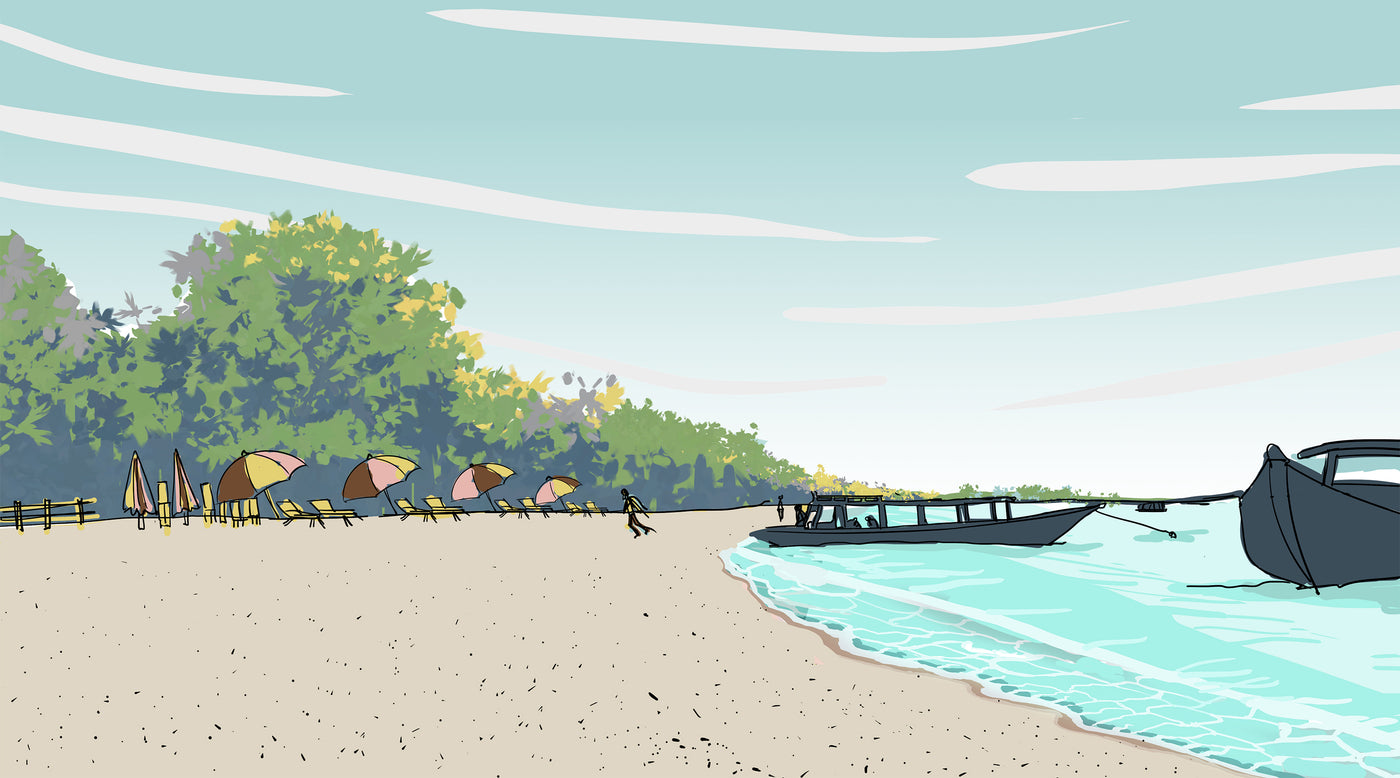 Illustration of a beautiful white sand beach with blue seas and trees in the background