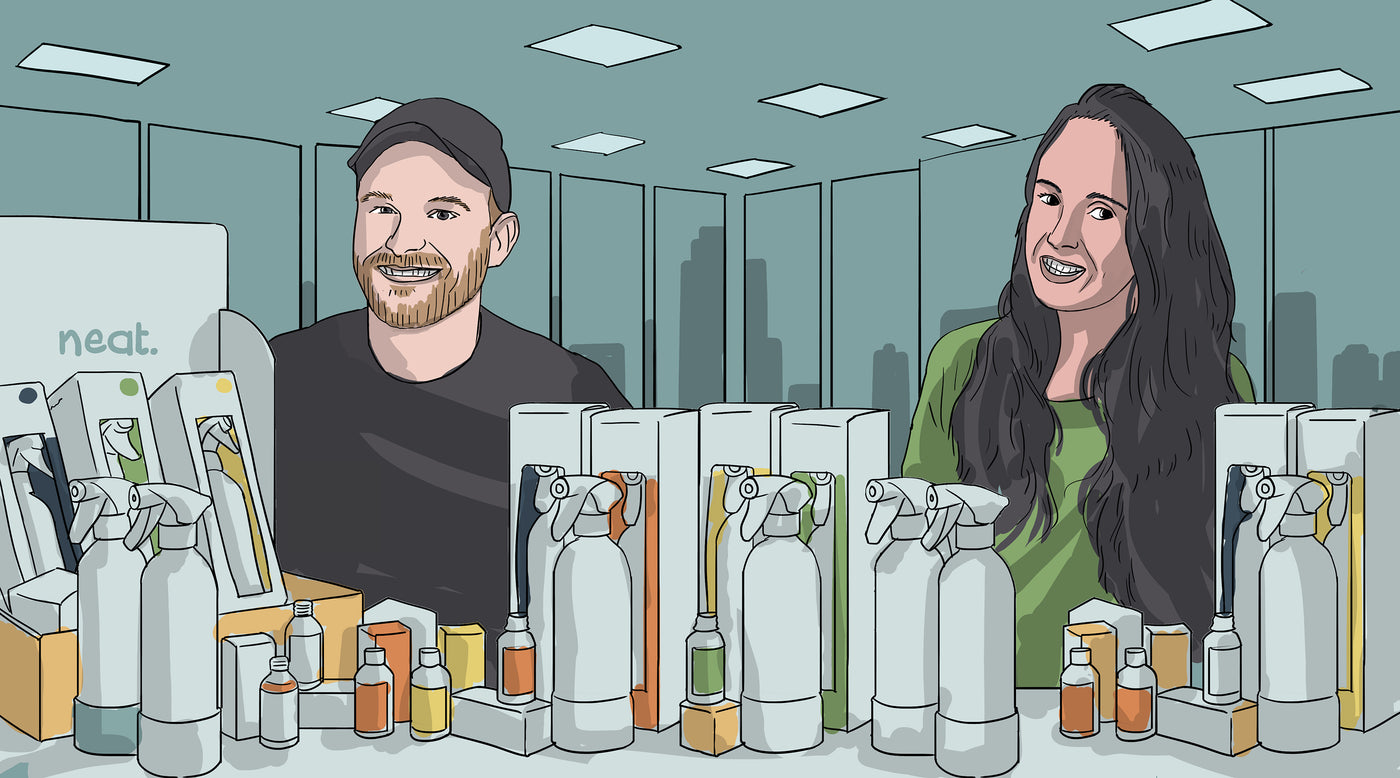Illustration of Josie & Ryan, the Founders of Neat. On the table in front of them both are a range of Neat's cleaning products