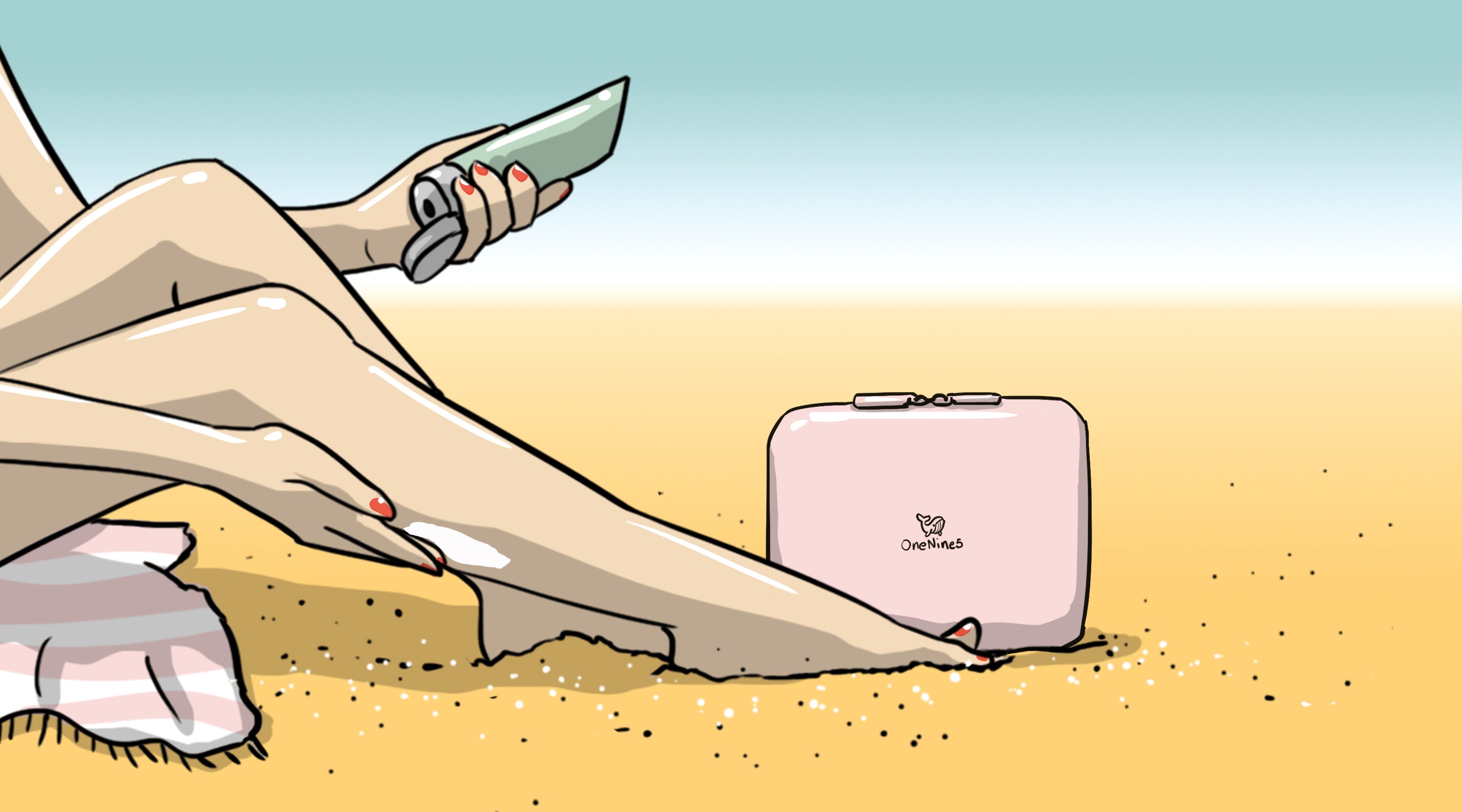 Illustration of a woman sat on the beach applying sunscreen to legs. With a pink OneNine5 washbag in the background.