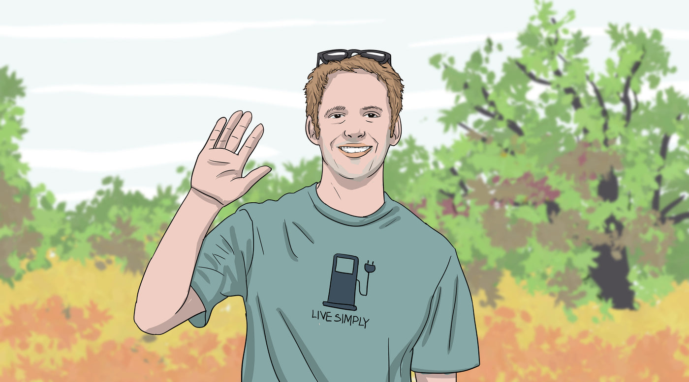 Illustration of John Pritchard, Pala Eyewear Founder. John is outdoors and waving, with the slogan 'live simply' on his tshirt.