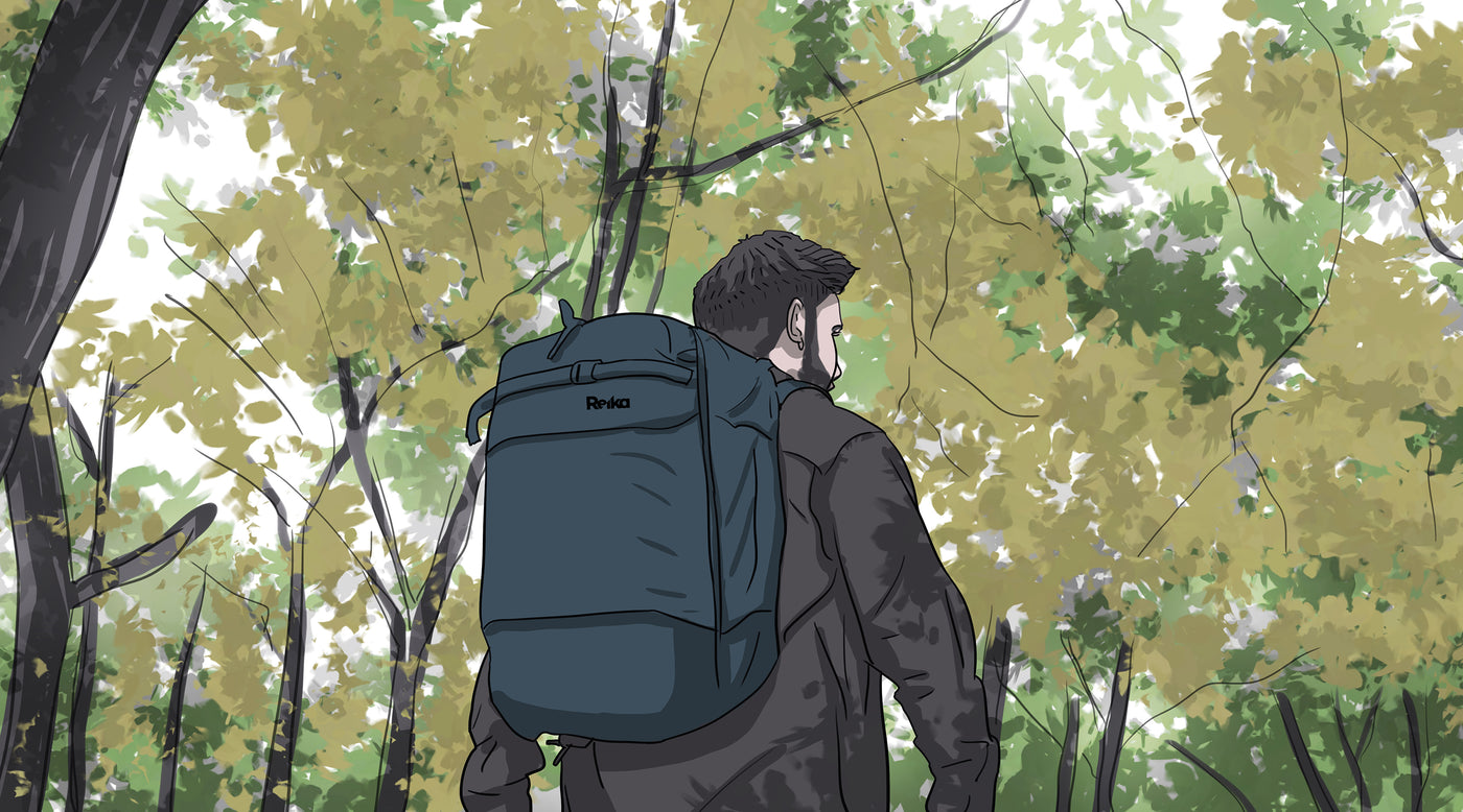 Illustration of Reika Founder Sam, walking through a forest with the Reika backpack on his bag