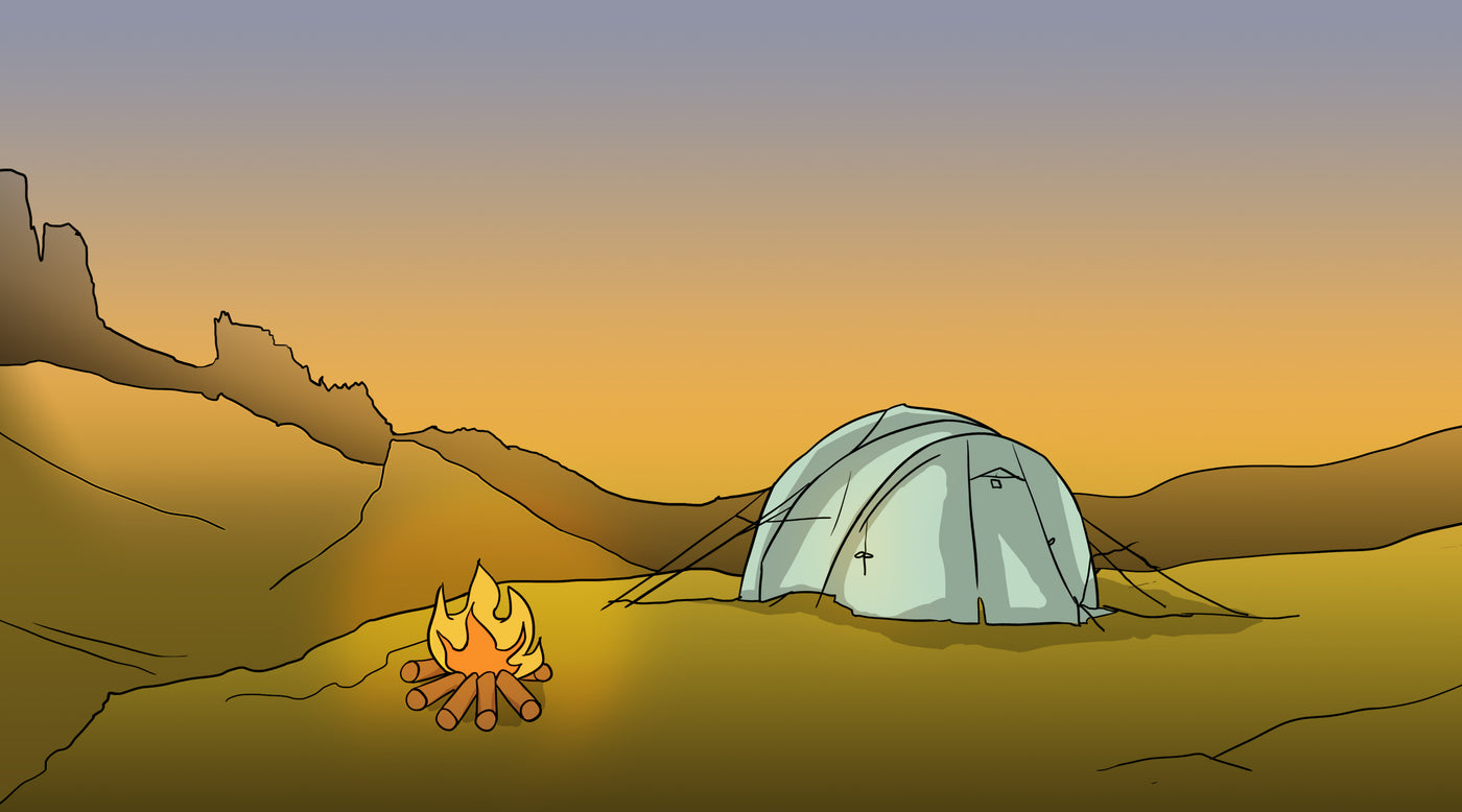 tent pitched in the hills with background of sunset, campfire in foreground.