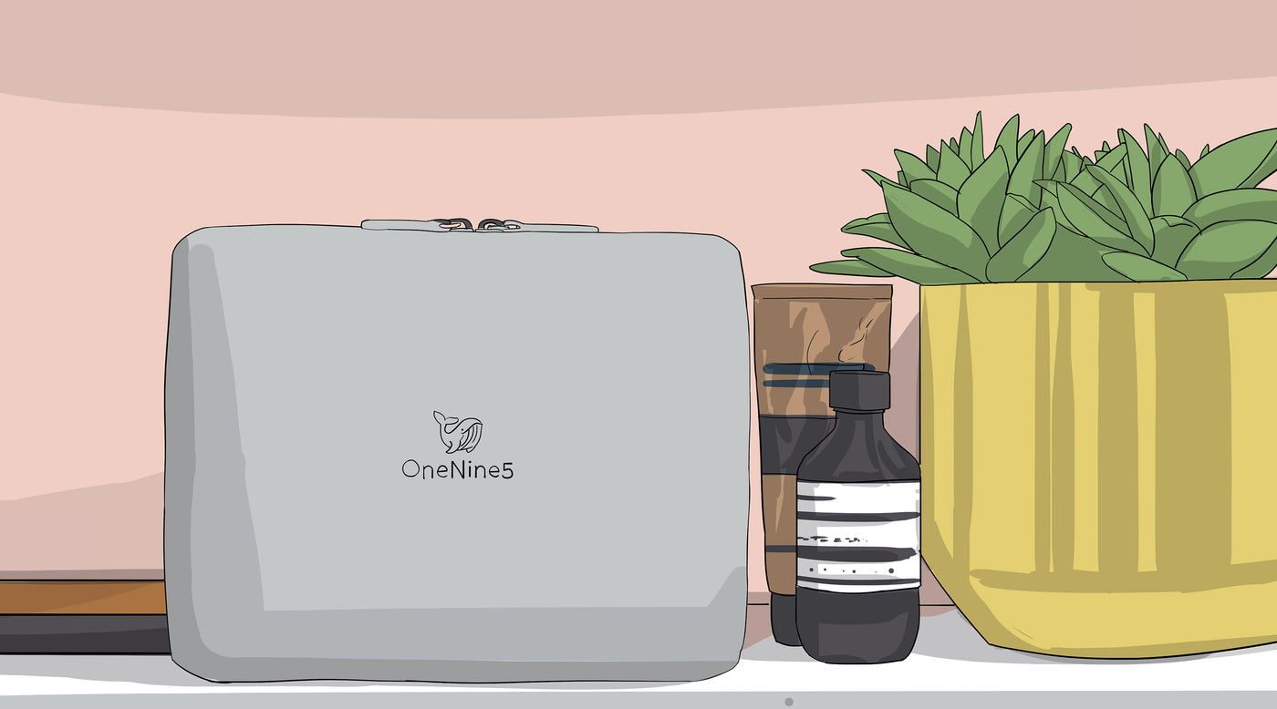 An illustration of the Moeraki Grey Eco-Conscious Wash Bag in the bathroom next to hand soap and a plant in a gold pot 