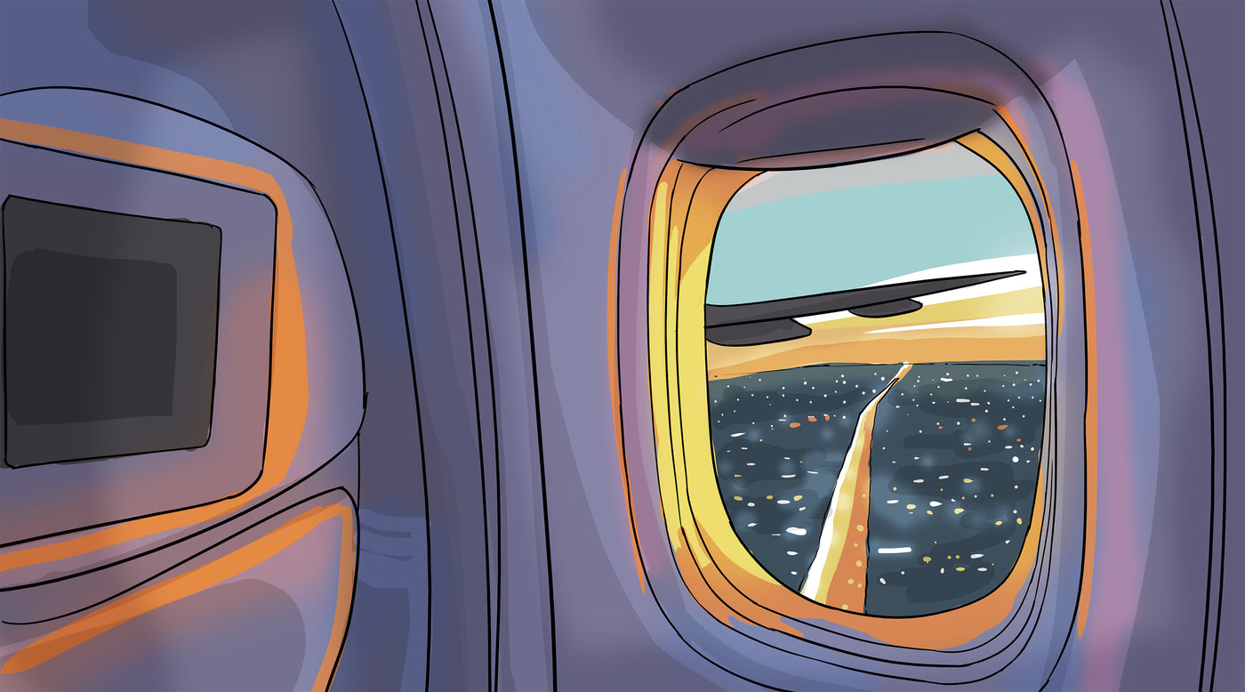 An illustration of a window seat inside a plane, looking out of the window at night