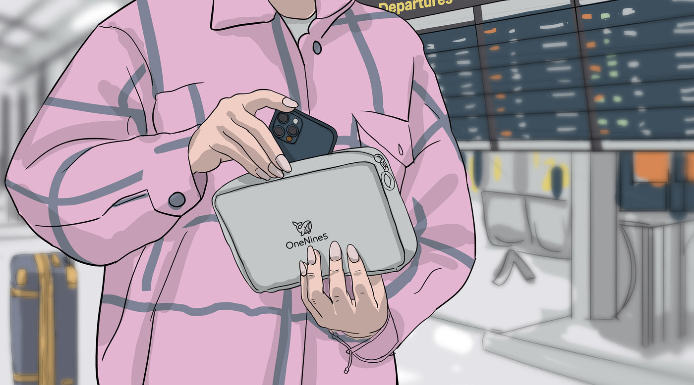 Illustration of a woman in airport taking an Apple iPhone out of the grey OneNine5 Essentials Pouch