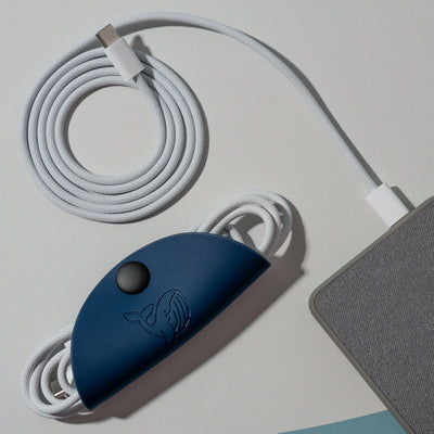 A blue OneNine5 cable tidy, with a 1 metre Apple USB-C wire coiled inside. Next to this is a grey power bank and a coiled white charging cable, on a a white background.