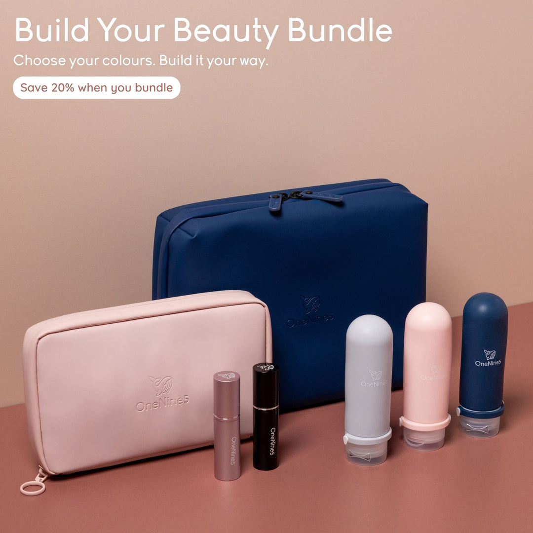 Personalised beauty bundle with OneNine5 wash bag, essentials pouch, refillable silicone bottles and fragrance bottles, designed for travel with 20% discount