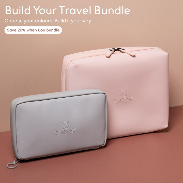 Customisable travel bundle with OneNine5 wash bag and essentials pouch, allowing customers to build their own set and save 20%