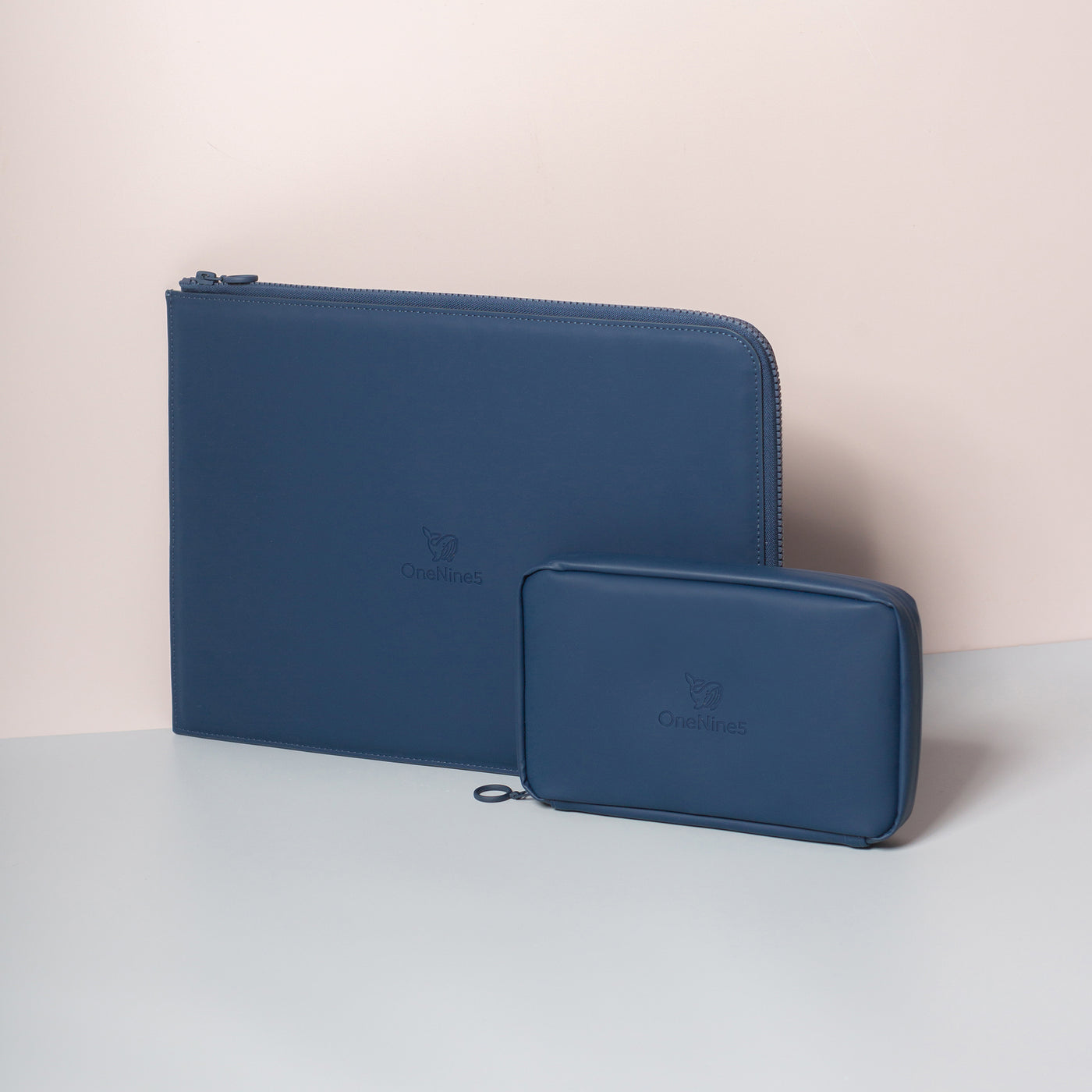 OneNine5 blue coconut padded 13" Eco-Conscious Laptop Sleeve and vegan leather Eco Essentials Pouch.
