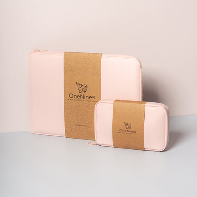 OneNine5 pink coconut padded 13" Eco-Conscious Laptop Sleeve and vegan leather Eco Essentials Pouch. Packaged in a brown and recyclable kraft paper sleeve