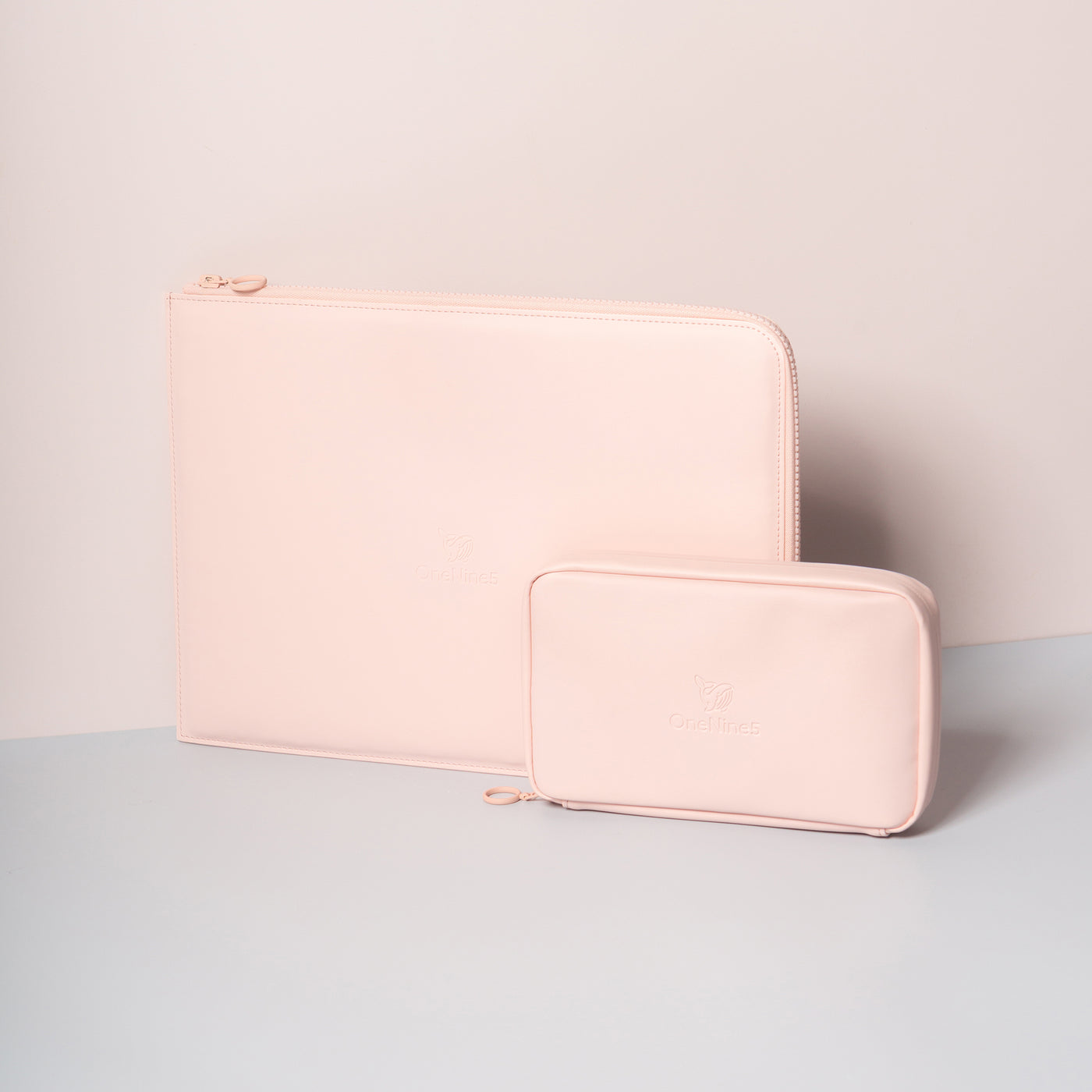 OneNine5 pink coconut padded 13" Eco-Conscious Laptop Sleeve and vegan leather Eco Essentials Pouch. 