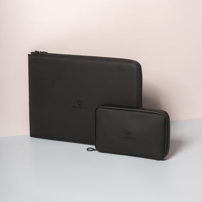 OneNine5 black coconut padded 13" Eco-Conscious Laptop Sleeve and vegan leather Eco Essentials Pouch.